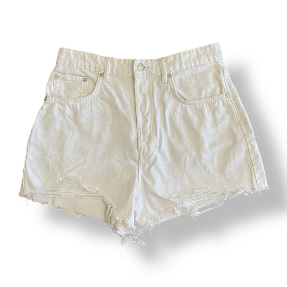 Zara High-Rise Distressed Mom Denim Shorts Womens Size 8 White Streetwear